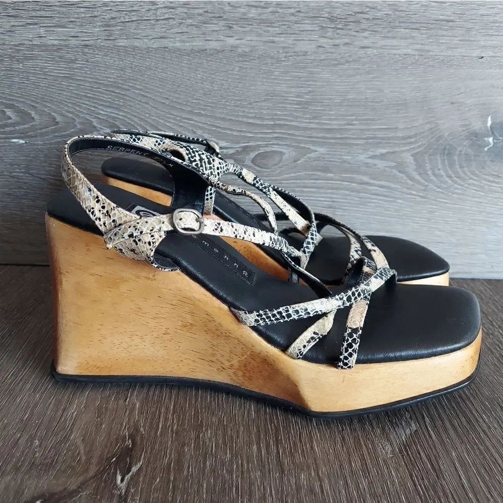 Ellemenno Vintage 90s y2k Strappy Snake Skin Chunky Platform Wood Sandal 7.5